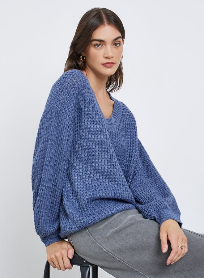 Medium Blue Waffle Knit Oversized V-Neck Sweater - Image 1
