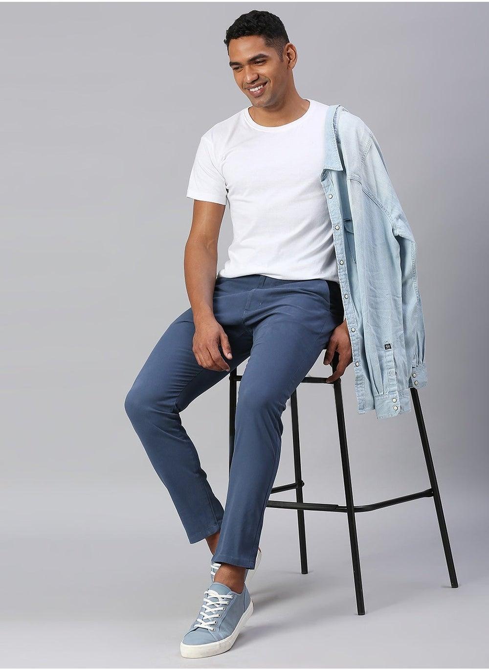 Petrol Blue Slim Tapered Cotton Chino Pants - Image 1