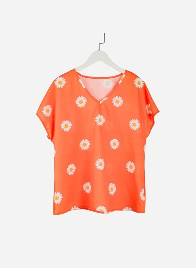 Floral V-Neck Short Sleeve Blouse in Orange - Image 1
