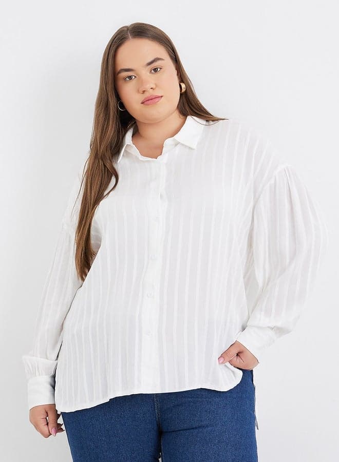 Plus Longline Textured Striped Collared Shirt - Image 1