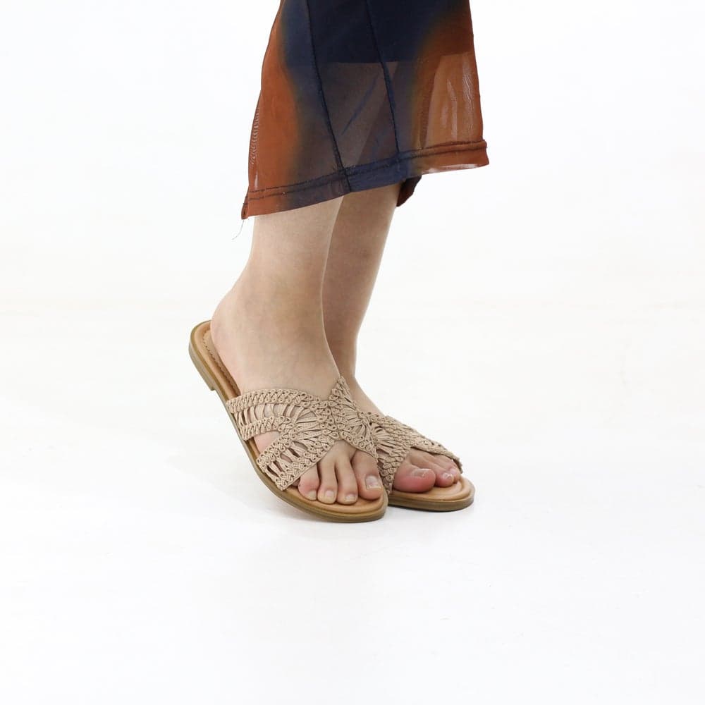 Weave Cross-Strap Flat Sandals in Beige - Image 1
