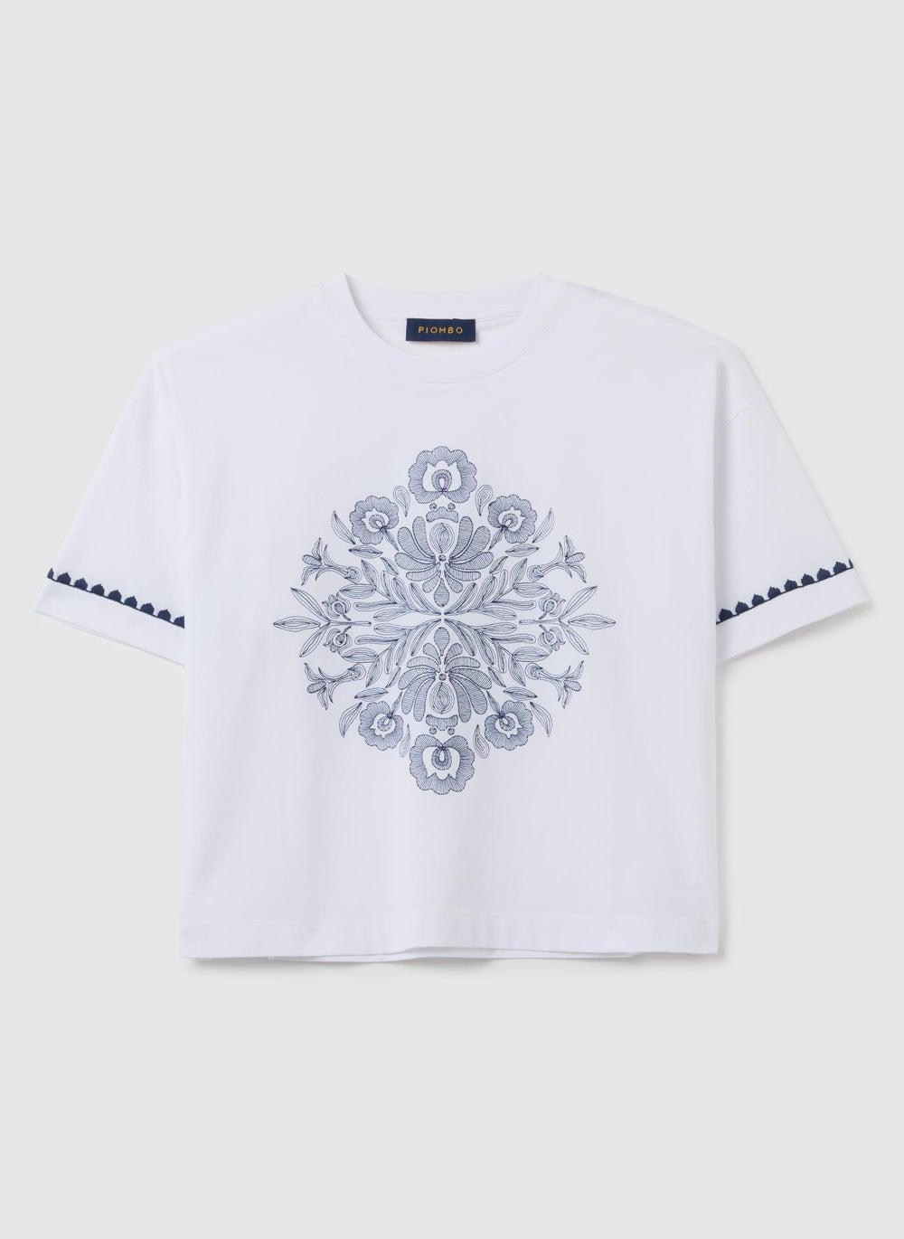 Multicolor Cotton Boxy T-Shirt with Floral Embroidery - Image 1