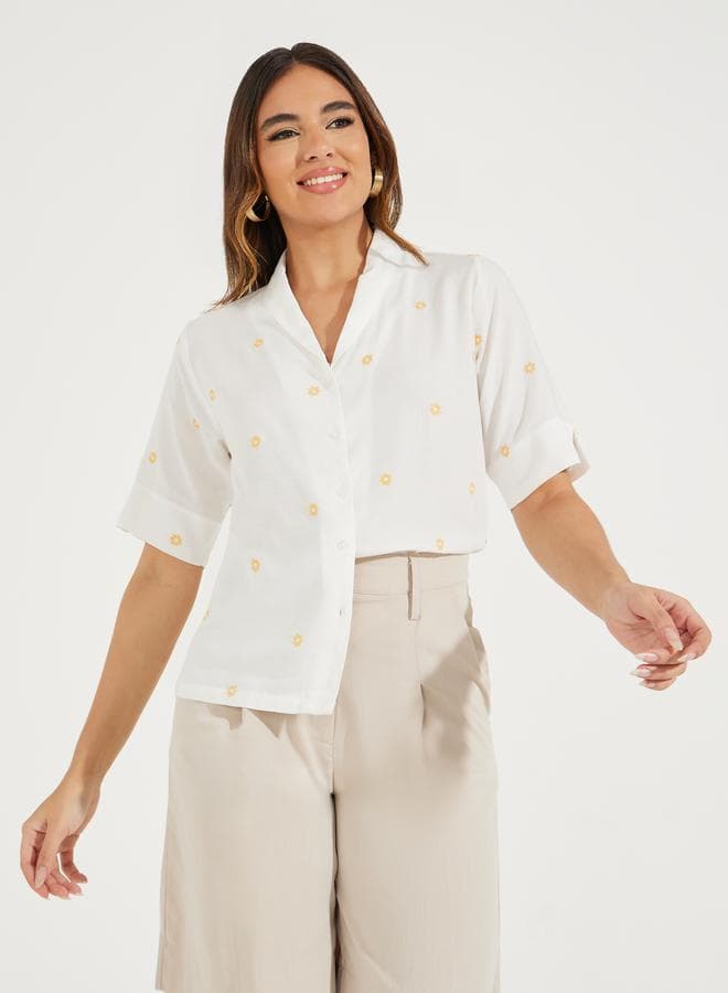 Floral Embroidery Relaxed Fit Collared Shirt 7008744824 - Image 1