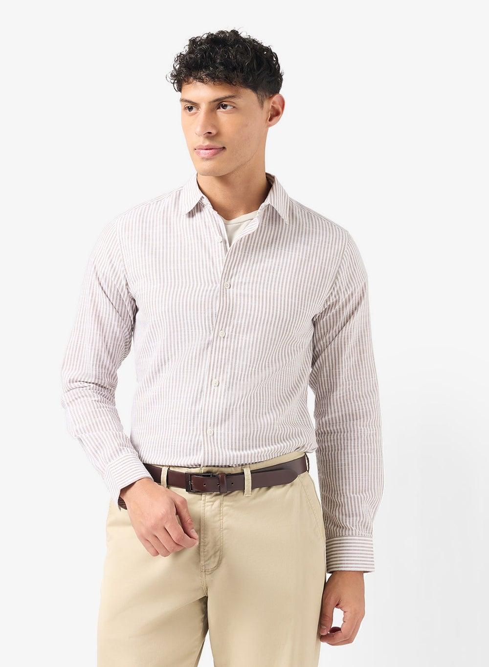Cream Striped Regular Fit Classic Shirt Zopst4Oo34 - Image 1