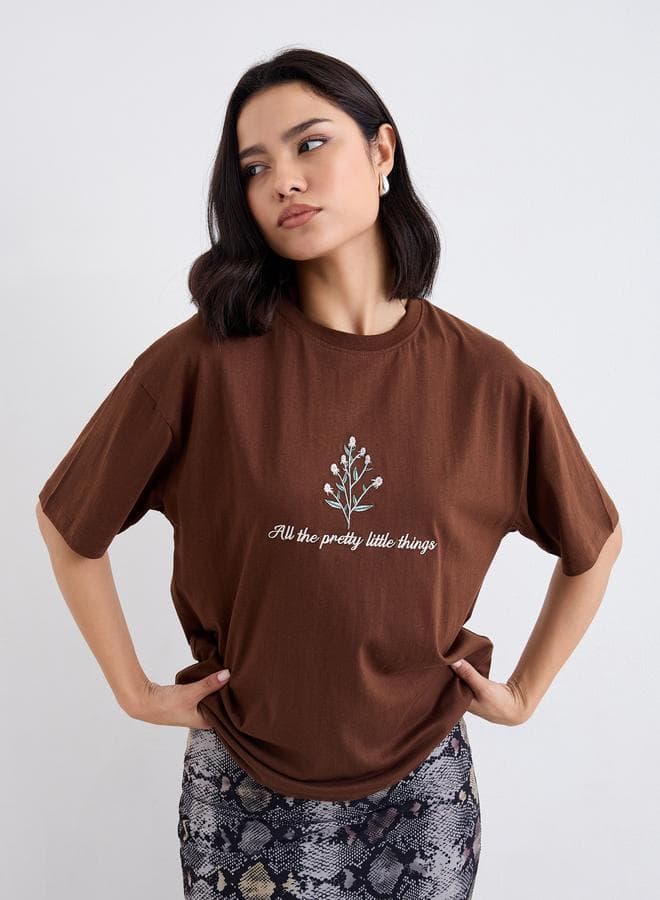 Styli Embroidered Slogan Oversized Cotton T-Shirt - Image 1