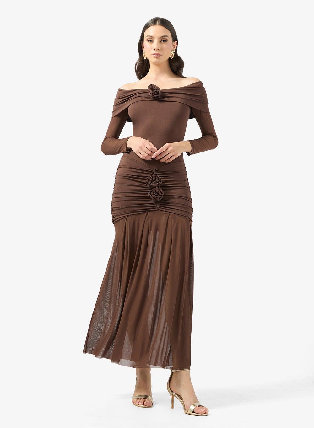 Chocolate Brown Off-Shoulder Mesh Insert Maxi Dress Y250612081 - Image 1