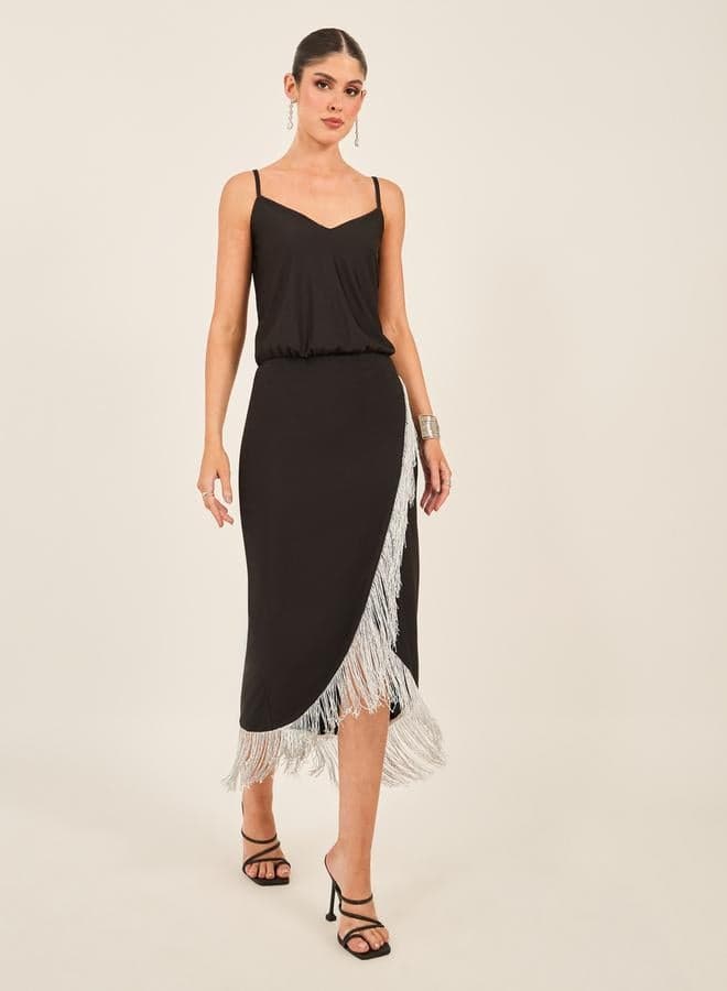 Fringe Trim Black Midi Dress 7011762701 - Image 1