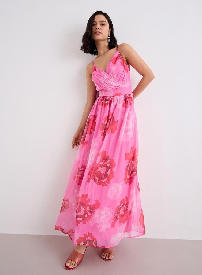 Styli Hot Pink Floral Strappy Wrap Maxi Dress - Image 1