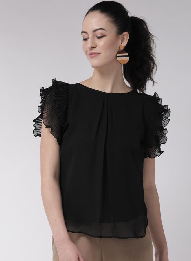 Styli Solid Ruffled Top 7009765701 Black - Image 1