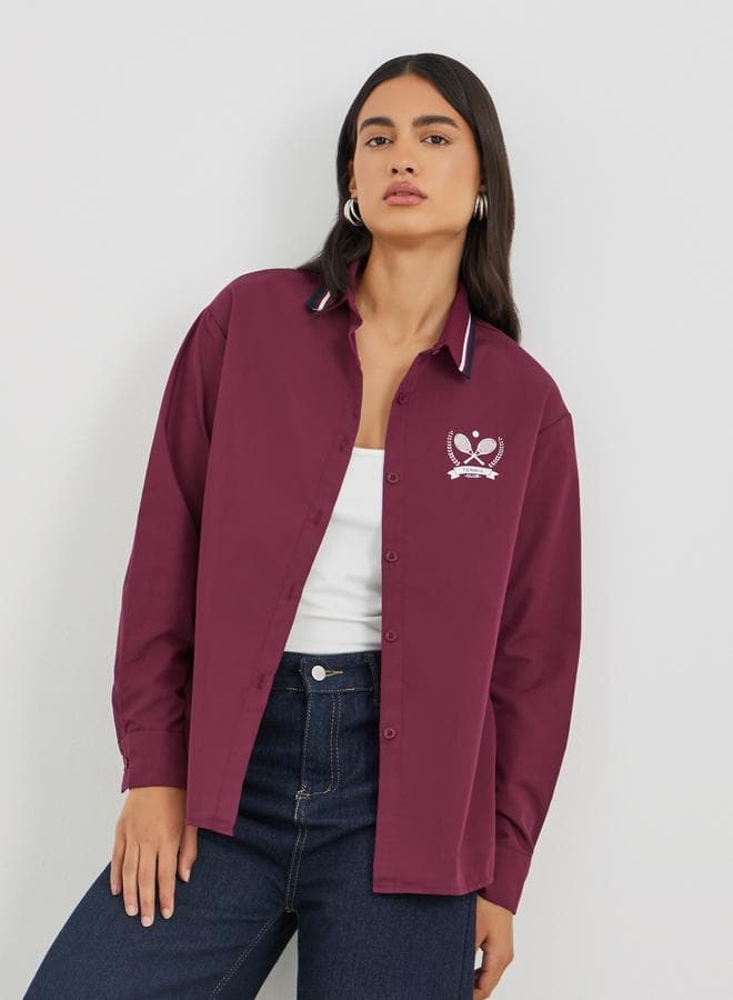 Burgundy Ribbed Collar Shirt Minimal Print - Image 1