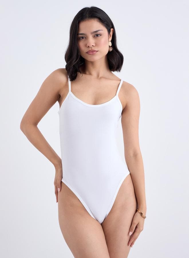 Styli White Strappy Scoop Neck Bodysuit - Image 1