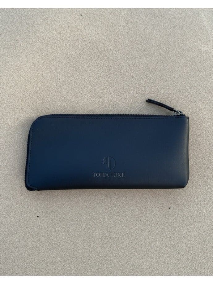 Handcrafted Black Genuine Leather Zipper Pouch 23x10 - Image 1