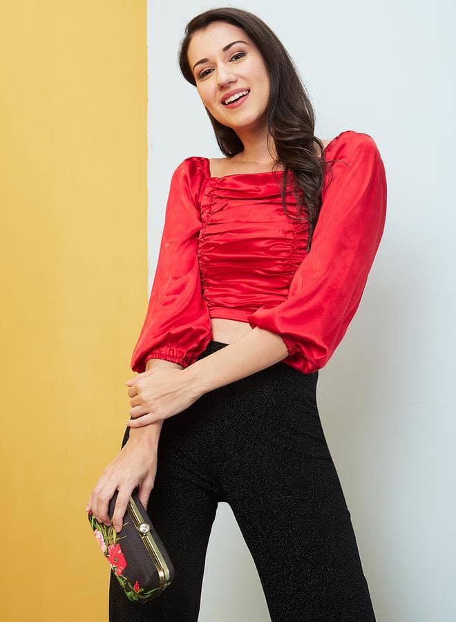 Red Balloon Sleeve Pleated Crop Blouse - Image 1
