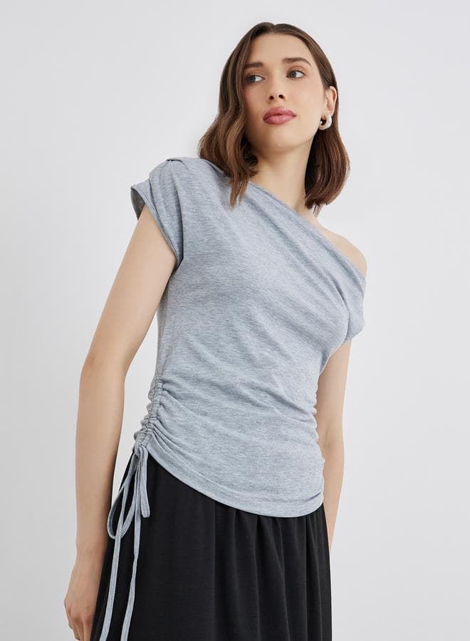 Grey Asymmetric Neck Ruched Detail Casual Top - Image 1