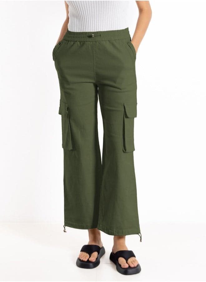 Olive Jogger Waist Cargo Trousers Wide Leg Fit - Image 1