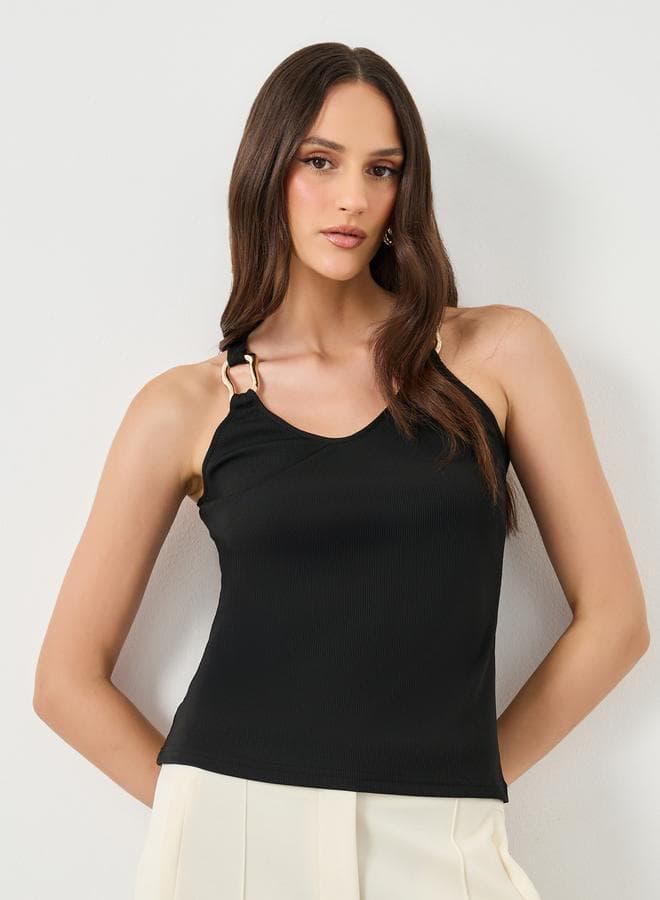 Styli Black Ribbed Knit Sleeveless V-Neck Top - Image 1