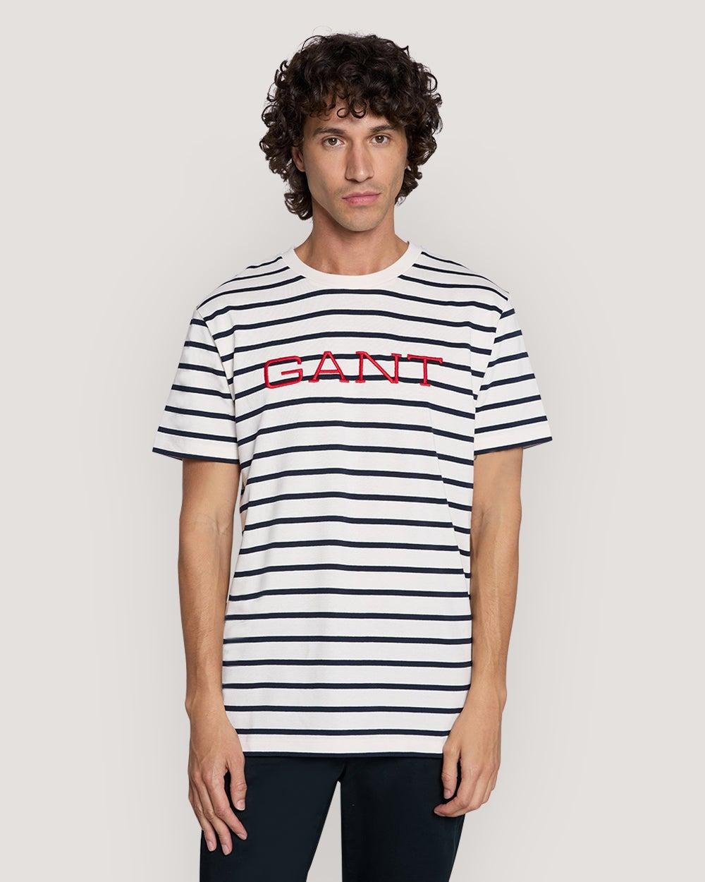 GANT Striped Graphic Cotton T-Shirt Cream - Image 1