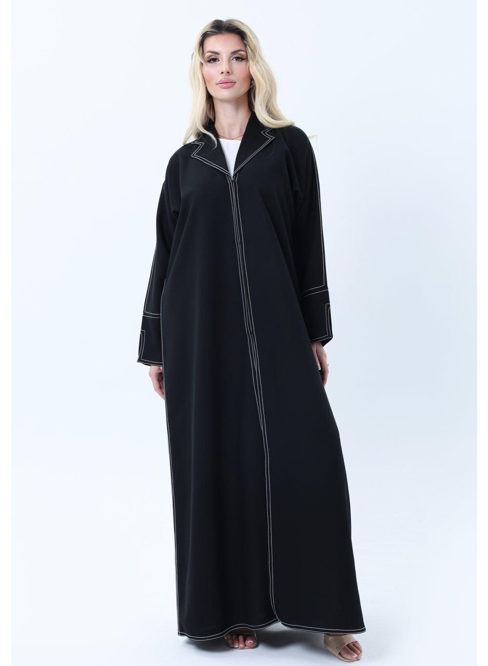 Black Abaya with White Stitching & Slit Sleeves Set - Image 1