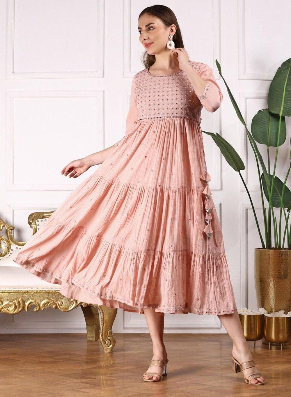 Peach Cotton Self-Design A-Line Midi Dress - Image 1