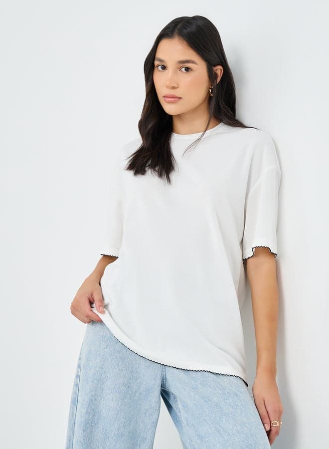 White Contrast Hem Oversized Textured T-Shirt - Image 1