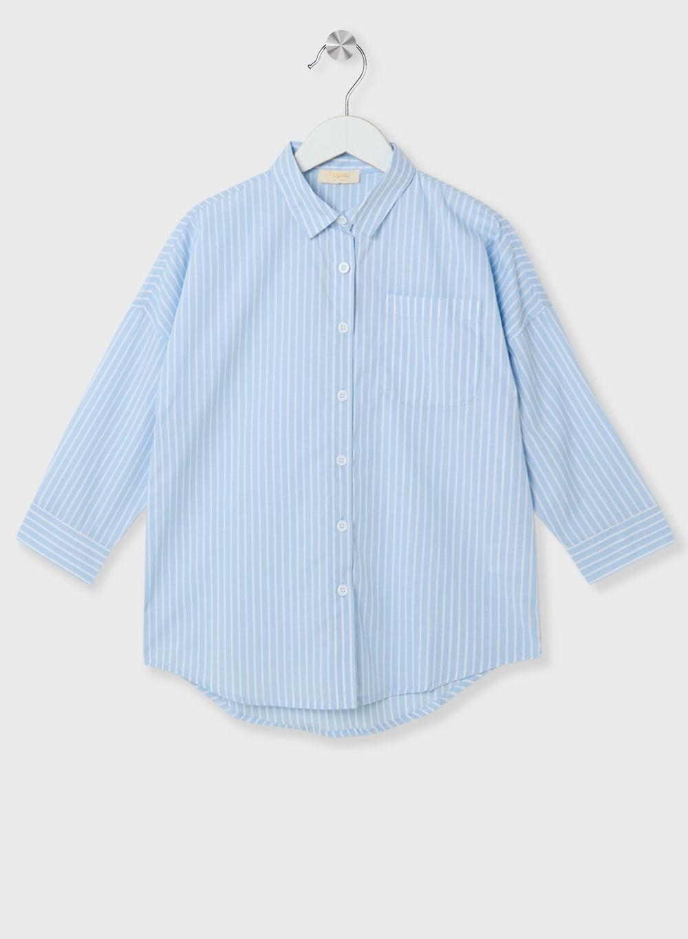 Girls Blue Striped Oversized Cotton Shirt - Image 1