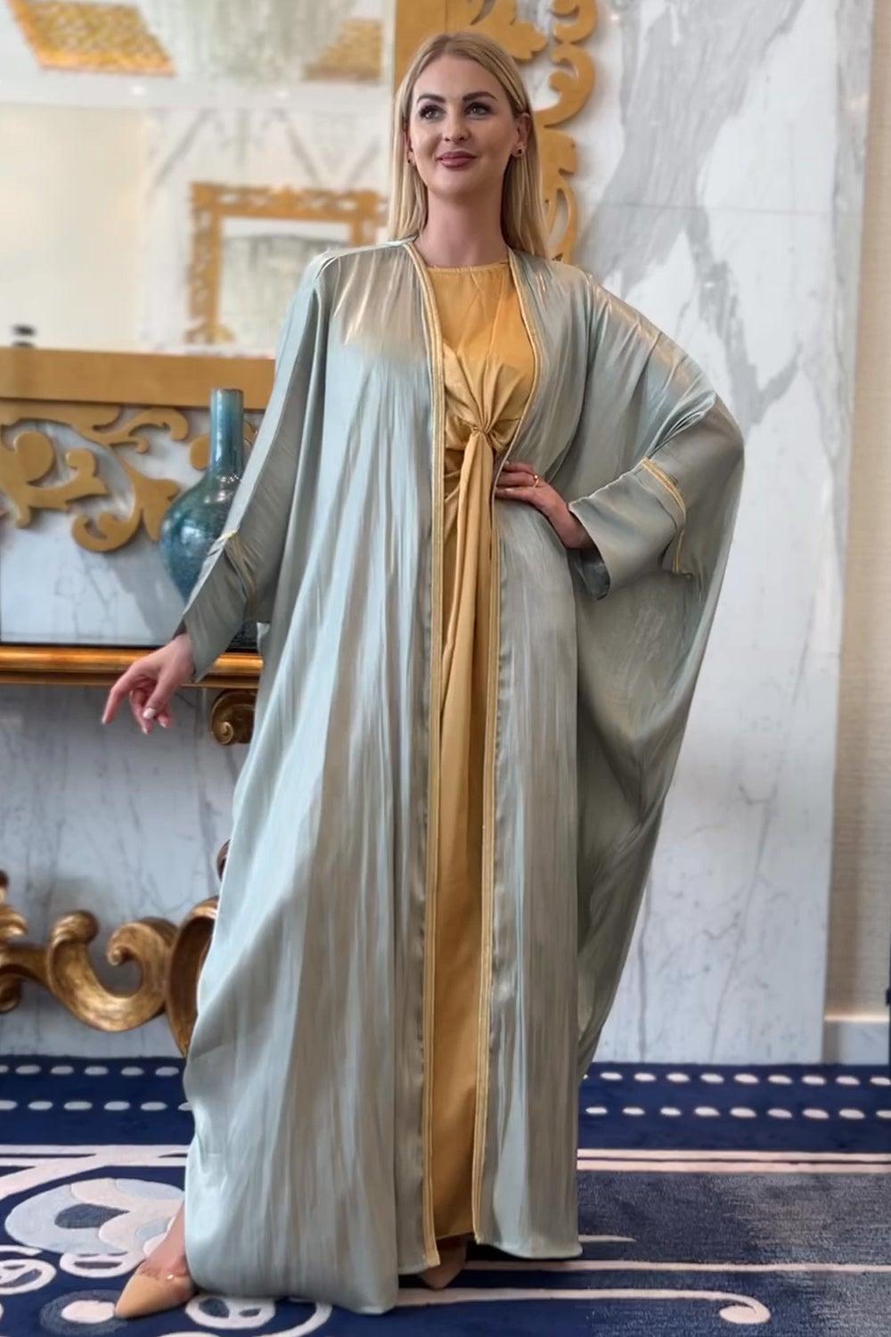 Grey Shimmer Cape Sleeve Bisht Abaya Set - Image 1