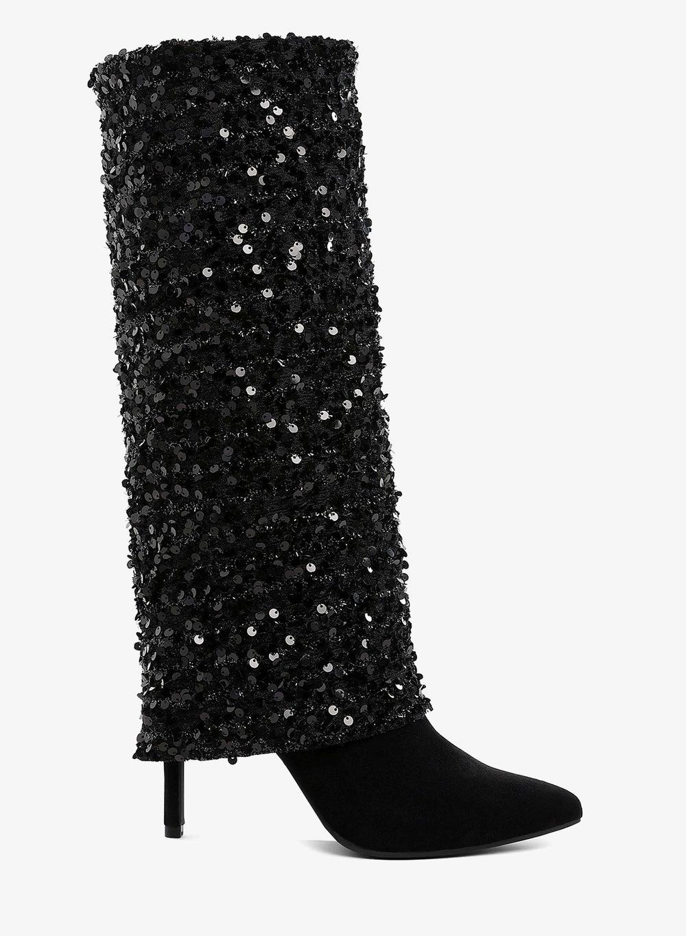 Black Sequinned Fold-Over Calf Boots SH5092 - Image 1