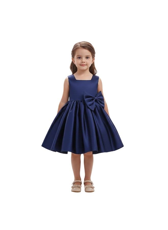 Navy Satin Bow Midi Dress for Girls - Image 1