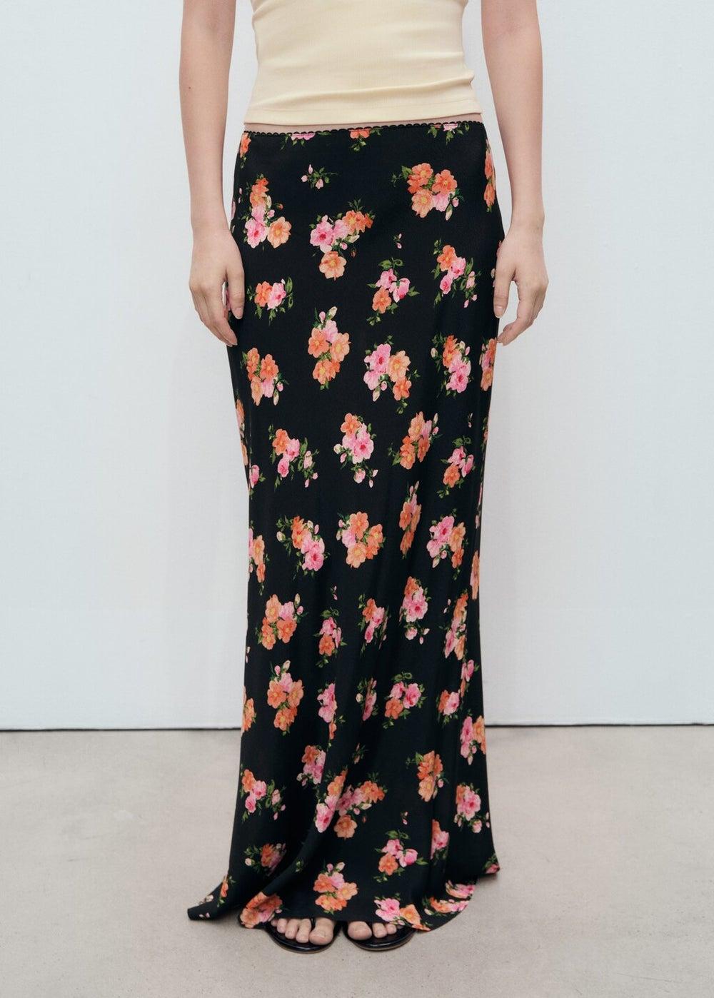Floral Lace Trim Midi Skirt in Black - Image 1