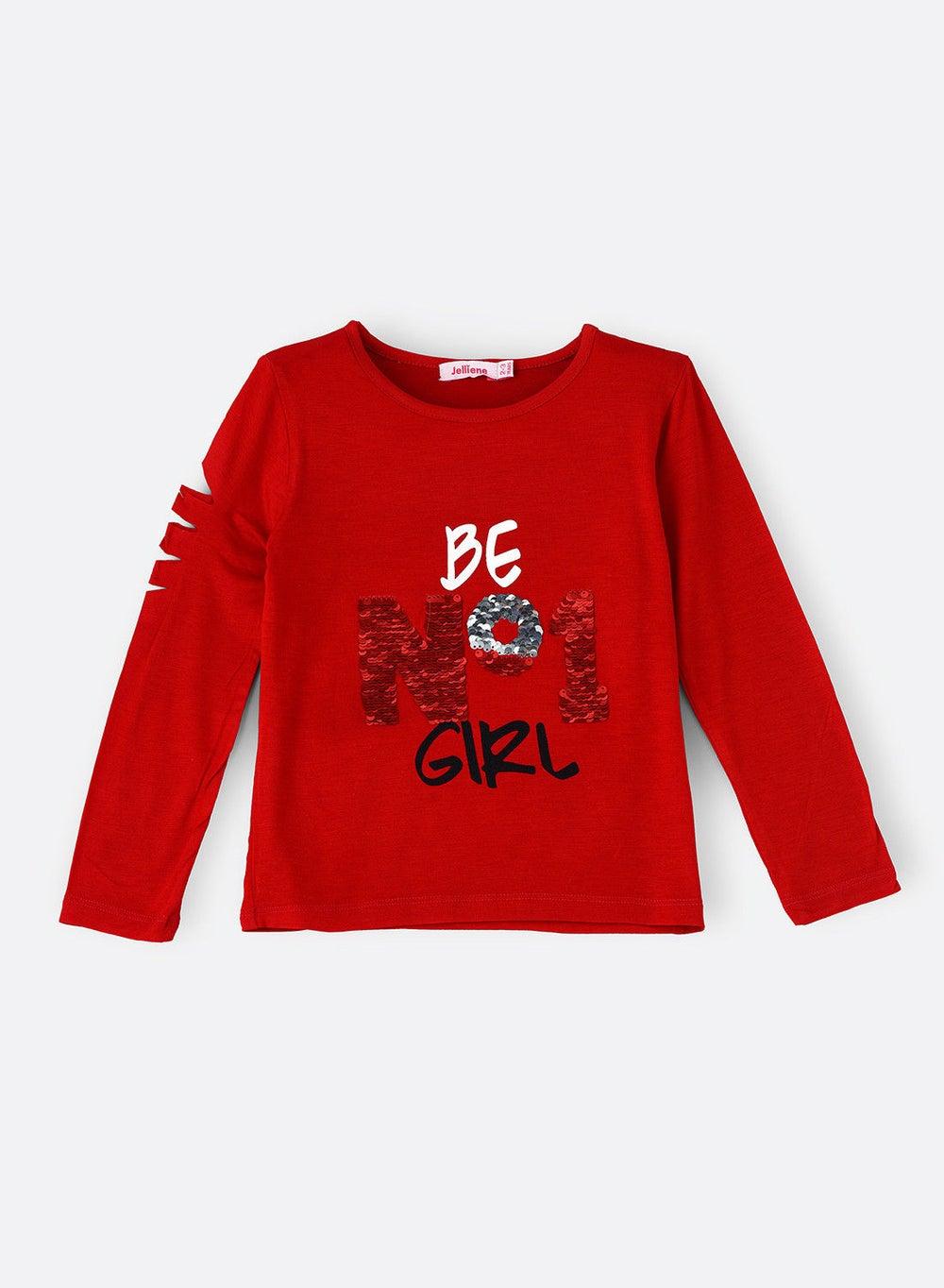 Girls Red Knit Graphic T-Shirt Bgtdg W201 - Image 1