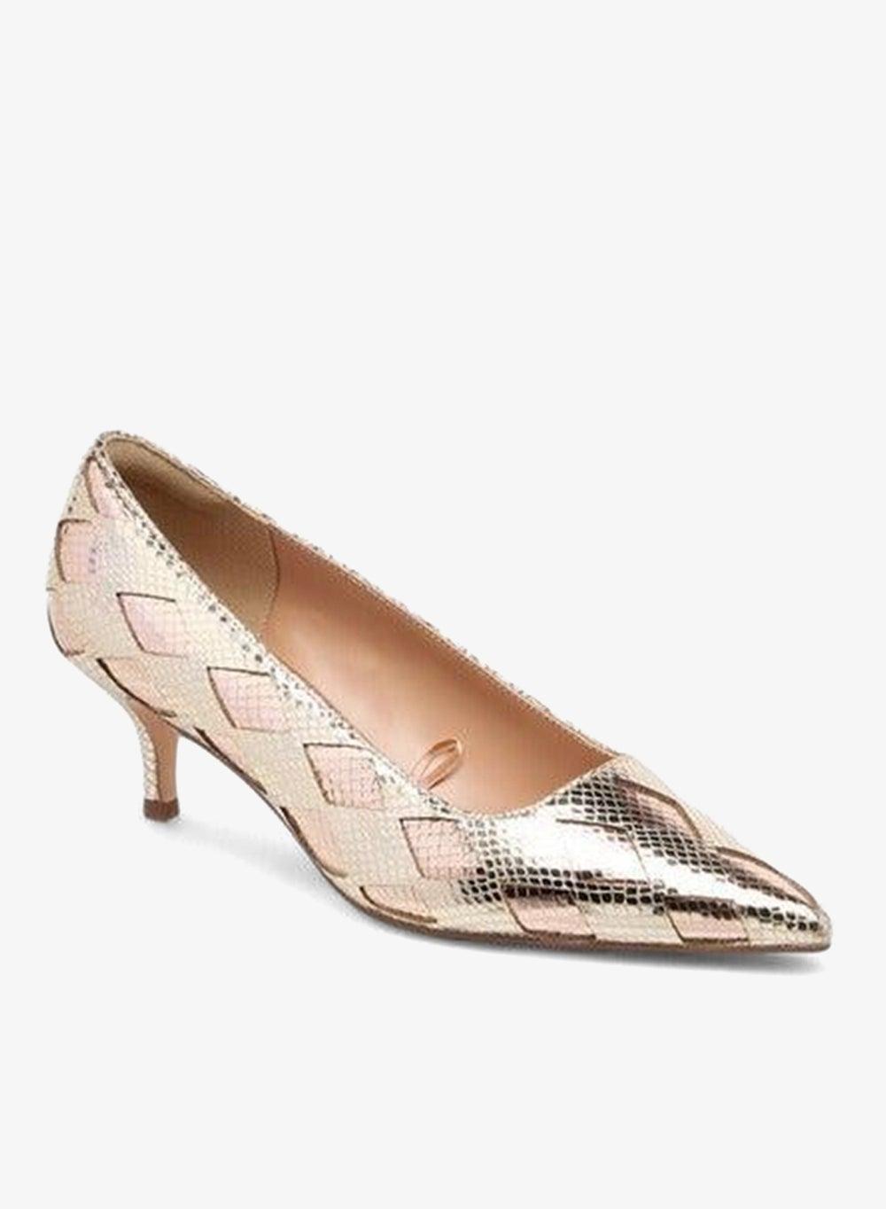 Gold Textured Pointed Toe Kitten Heel Pumps J11517 - Image 1