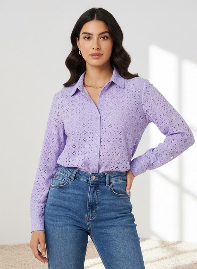 Purple Schiffli Textured Viscose Regular Fit Shirt - Image 1