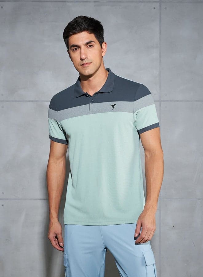 Blue Color Block Pique Slim Fit Polo 7015056403 - Image 1
