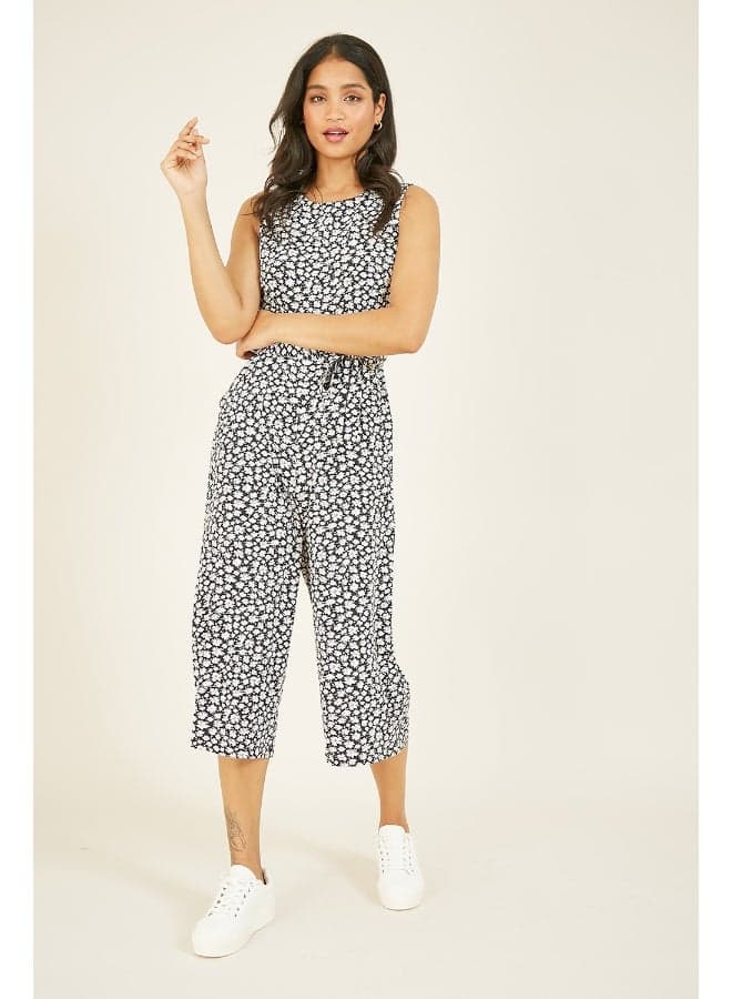 Black Ditsy Daisy Culotte Jumpsuit Tie Waist - Image 1