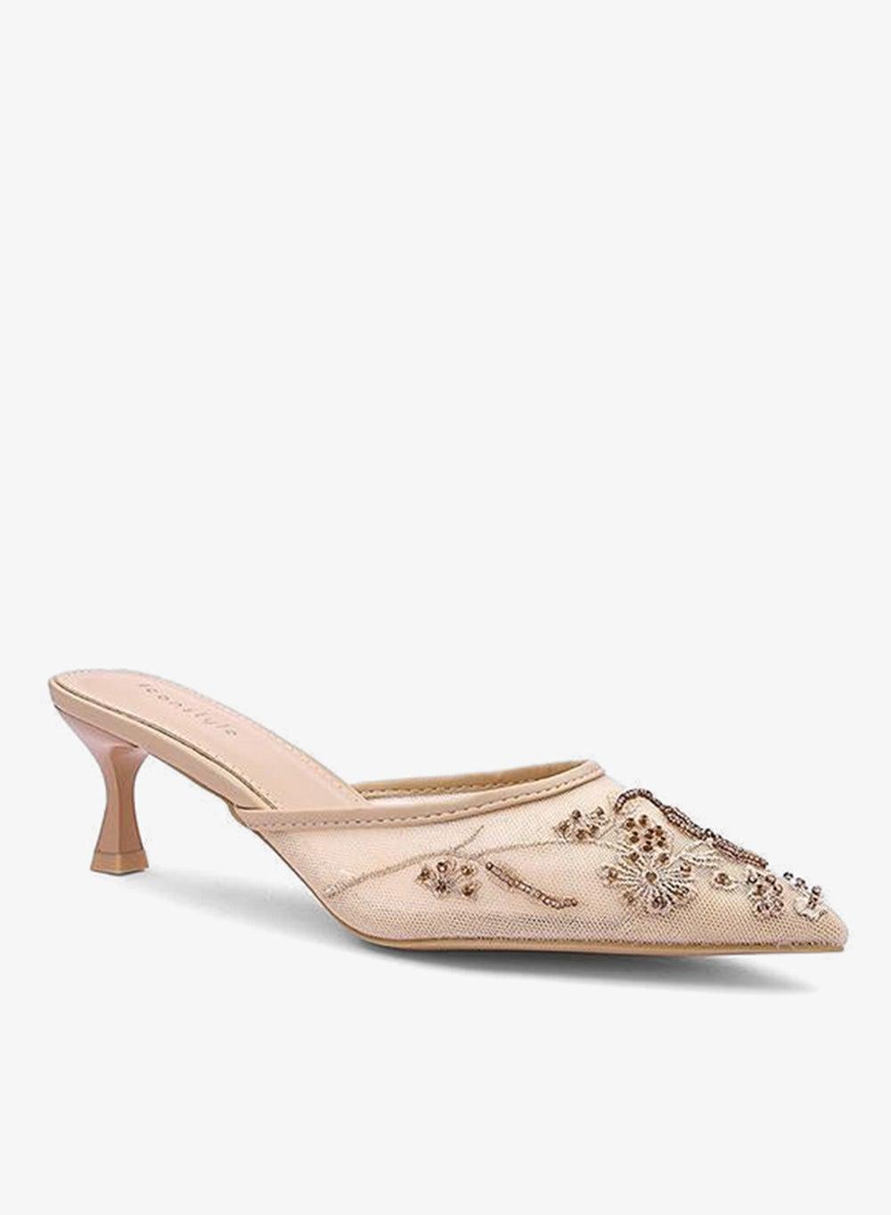 Beige Floral Embbroidered Kitten Heel Mules - Image 1
