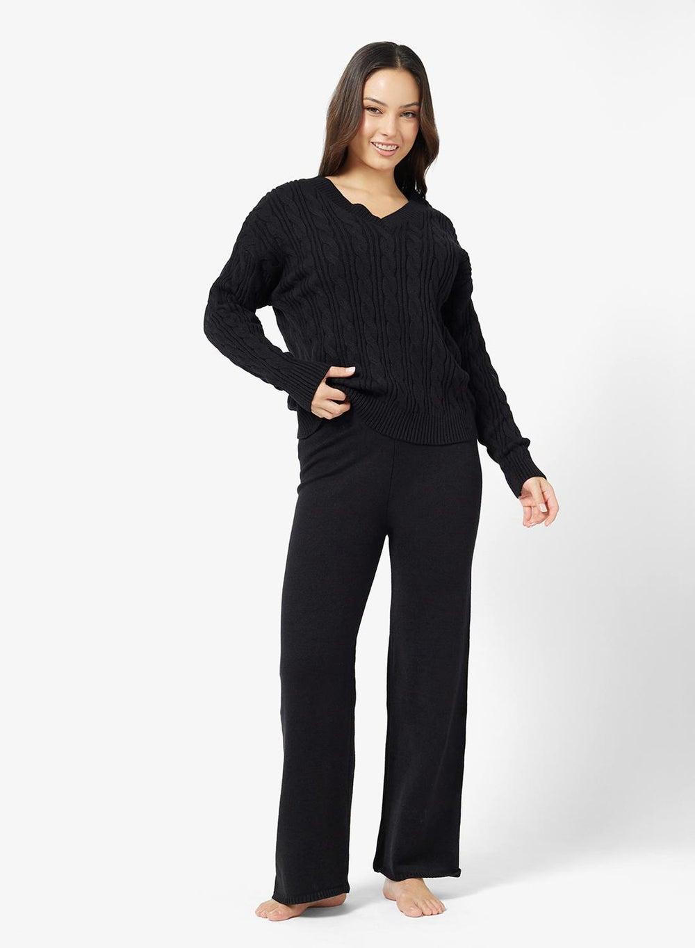 Black Cable Knit Sweater & Pant Coord Set Y250520055A - Image 1