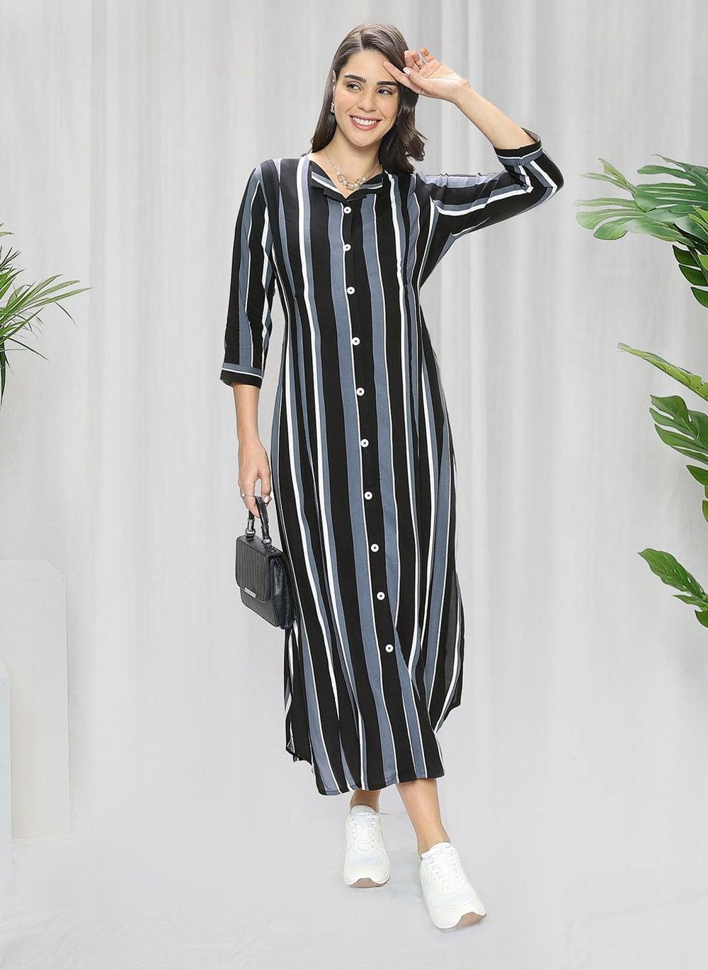 Striped Cotton Shirt Midi Dress - Image 1