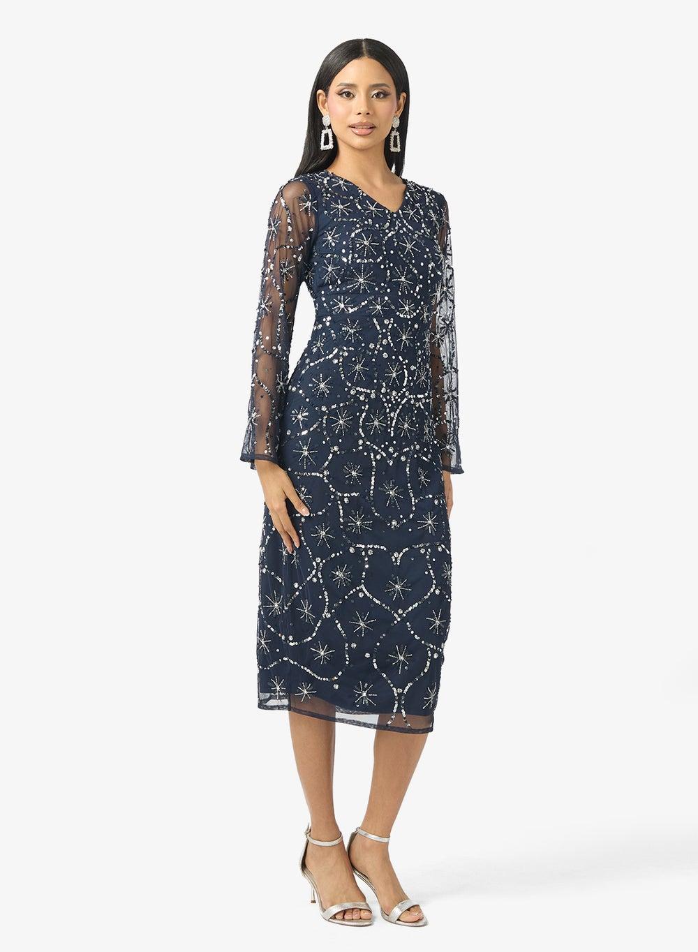 Amelia Rose Navy Sequin V-Neck Midi Dress Arbf2556 - Image 1