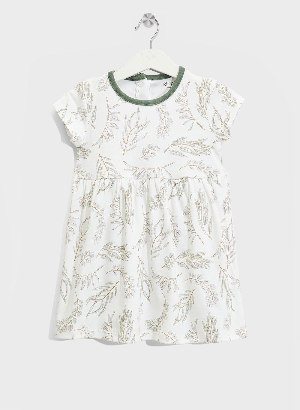 Girls Floral Print Cotton A-Line Dress White - Image 1
