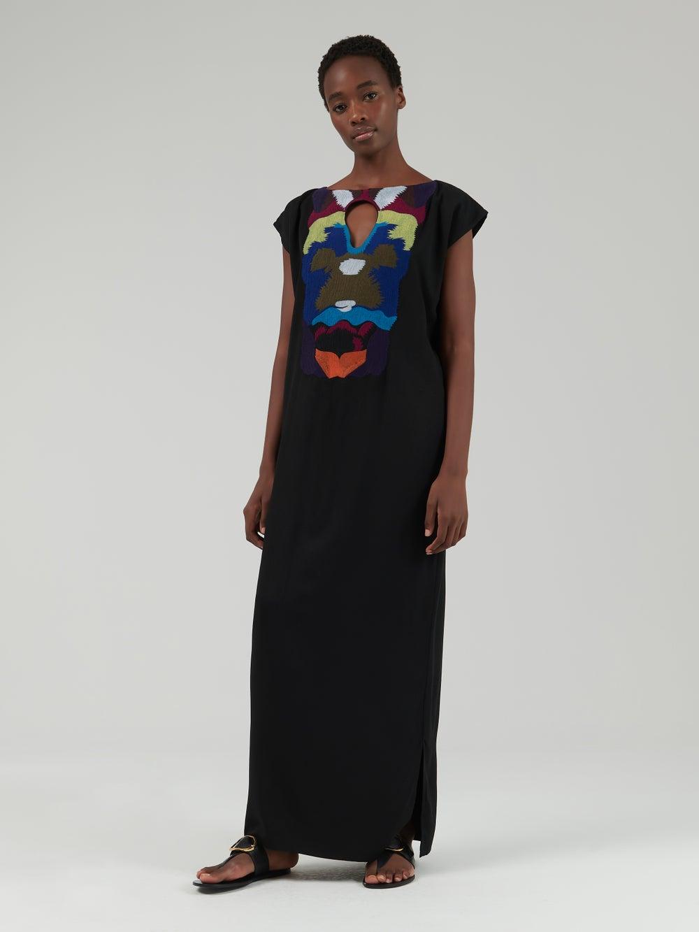 Multicolor Embbroidered Kaftan in Lyocell Black - Image 1