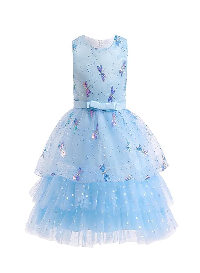 Sky Blue Layered Tulle Dress with Dragonfly Details - Image 1