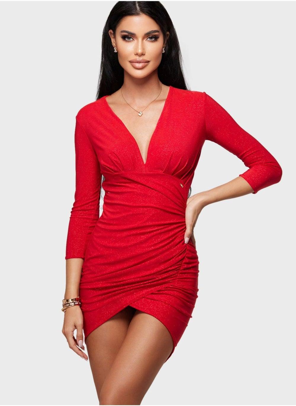 Red Ruched V-Neck Mini Cocktail Dress - Image 1