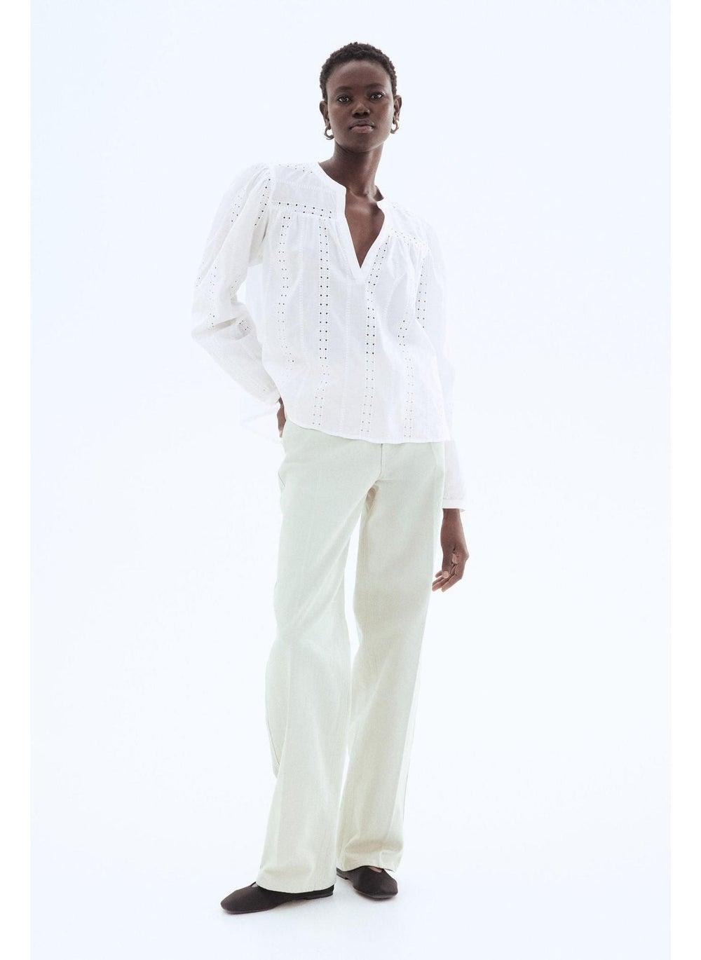 Broderie Anglaise Cotton Blouse – V-Neck Puff Sleeve - Image 1