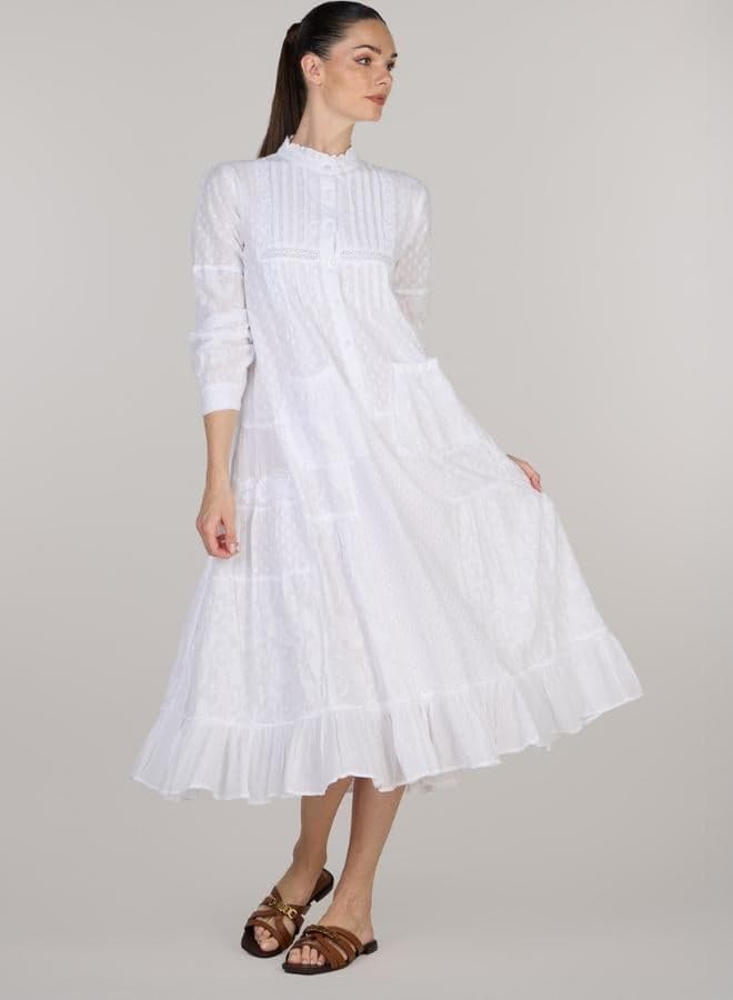 White Boho Embroidered Cotton Midi Dress - Image 1