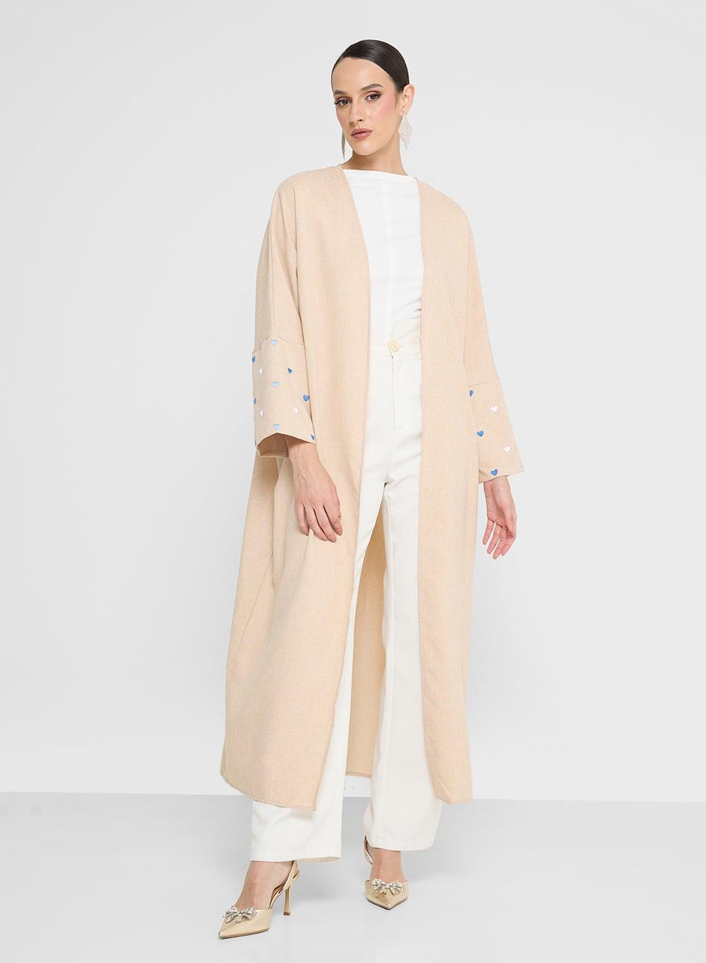 Beige Abaya M20021 with Heart Print Sleeves - Image 1