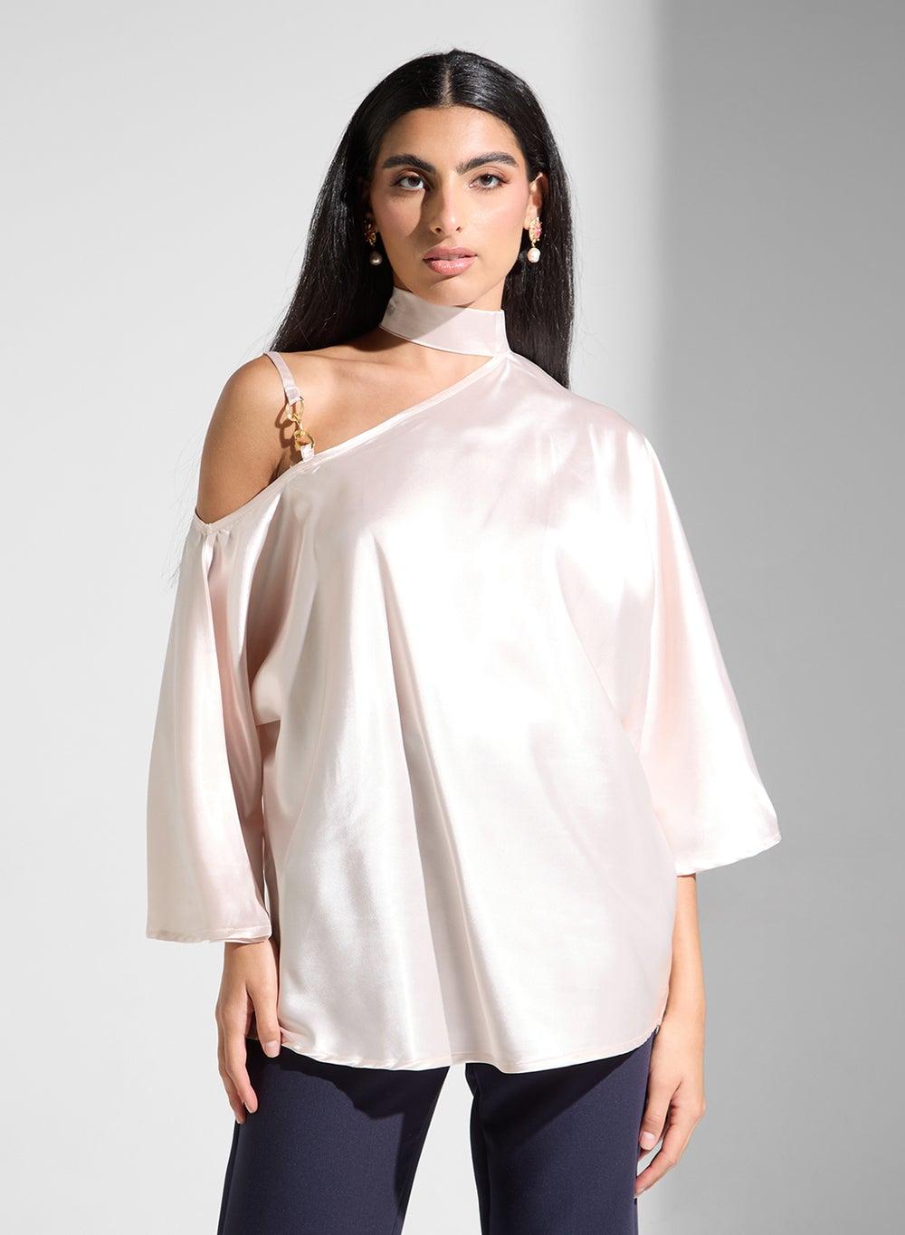 Asymmetric Silk Blouses with Choker Neck Detail - Image 1