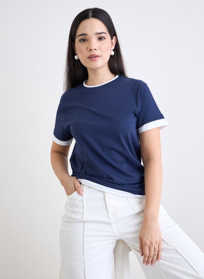 Styli Navy Blue Cotton Ringer T-Shirt Regular Fit - Image 1