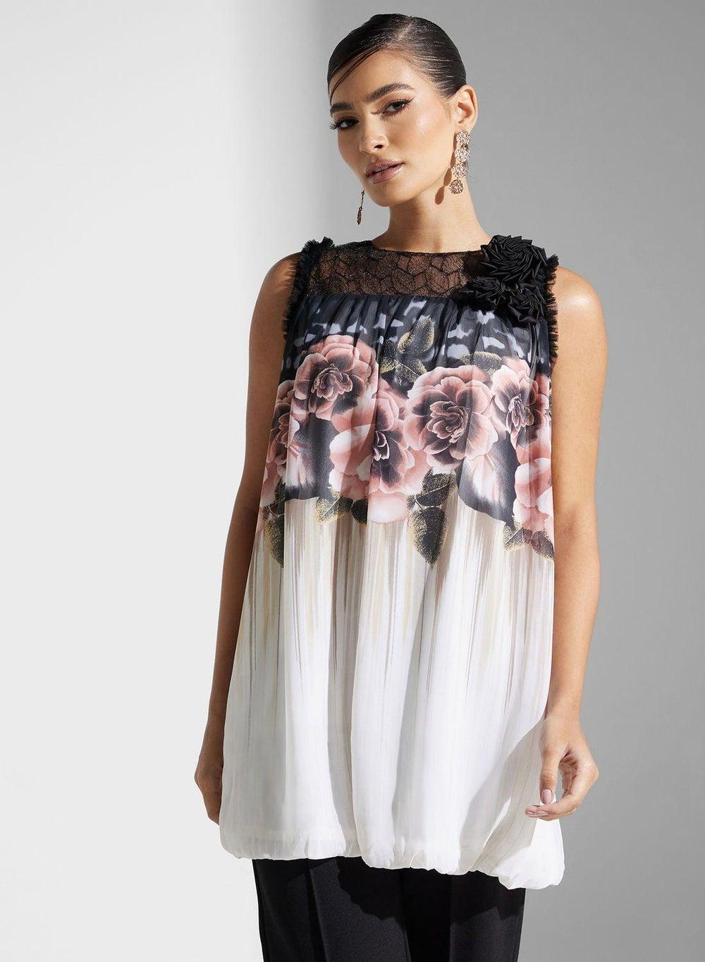 White Floral Print Sleeveless Modest Top UAE - Image 1