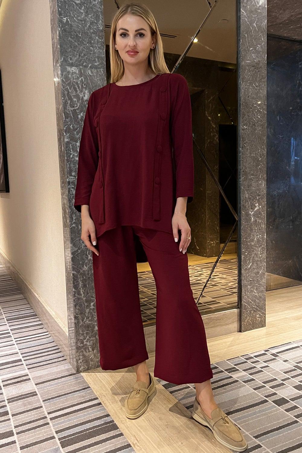 Elegant Crew Neck Button Detail Top & Pants Set - Image 1