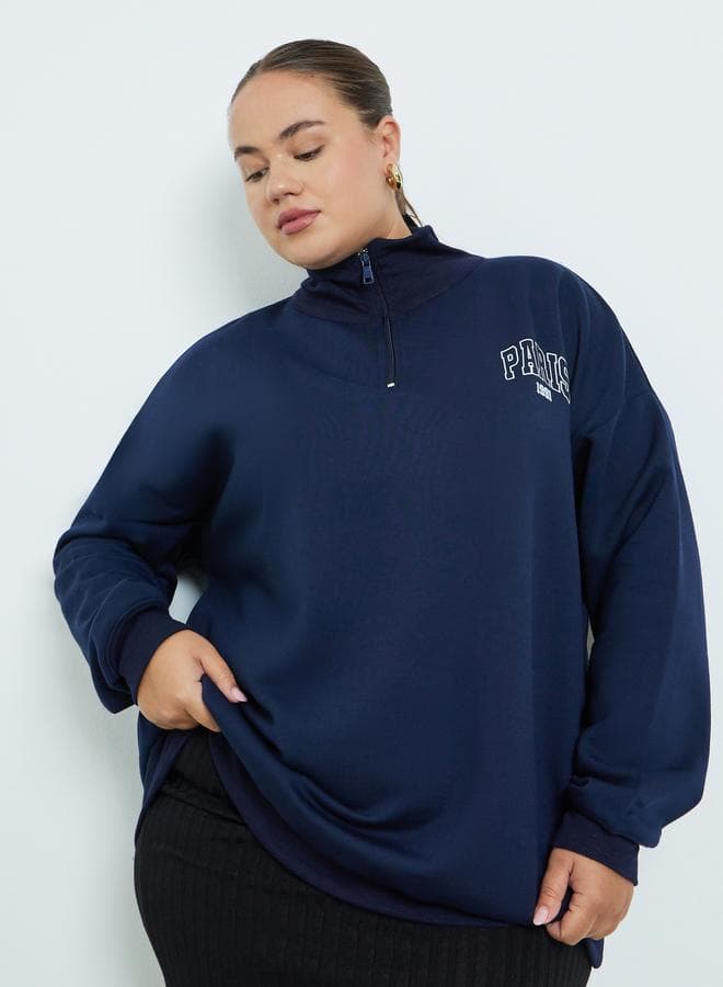 Styli Plus Size Navy Graphic Half-Zip Sweatshirt - Image 1